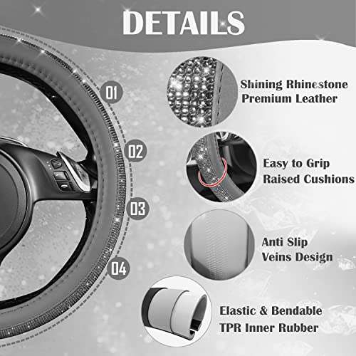 Image of CAR PASS Bling Diamond Leather Steering Wheel Cover, with Bling Sparkly Crystal Glitter Rhinestones Universal Fit 14 inch 1 /2-15 inch Car Wheel Protector for Women Girl Fit Suvs,Vans,Sedans,Cars,Trucks, Gray