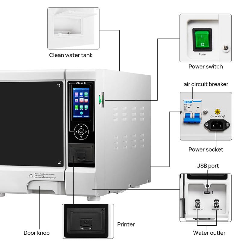 Dampf-Autoklav-Dampfsterilisator, vollautomatische Vakuum-Trocknungszeit, einstellbarer LED-Farbbildschirm, Klasse B, Autoklav-Sterilisator mit integriertem Drucker (17 l)