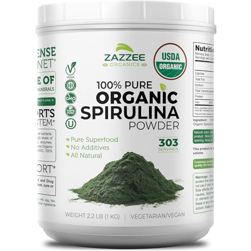 Zazzee Organic Spirulina Powder, 2.2 Pounds (1 KG), USDA Certified, 303 Servings, Kosher, 100% Pure, Non-Irradiated, Mess-Free Wide Mouth Container, Fresh Smell and Neutral Taste, Non-GMO, Gluten-Free
