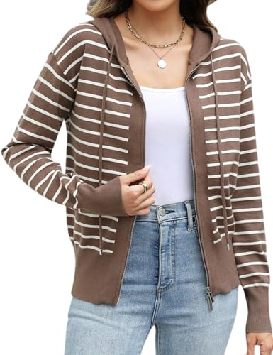 CiCiBird Women’s Striped Cardigan Sweater Lightweight Zip Up Hoodie Cardigans Fall Casual Long Sleeve Tops 2025 Nutmeg White Stripe M
