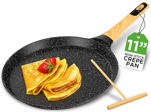 Image of NutriChef 11” Non-Stick Crepe Pan with Wooden Spreader, Durable Marble Coated Dosa Pan, Bakelite And Wood Handle With Induction Bottom, Easy-to-Clean, Stain-Resistant (Black Marble)