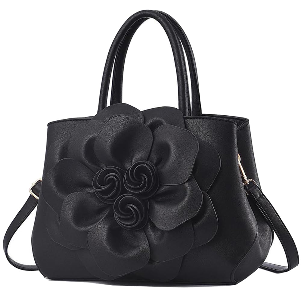 Cayla Women 3D Flower pu Leather bag purse fashion Top Handle Satchel handbag Shoulder bag Casual Tote Bag, Black, Large