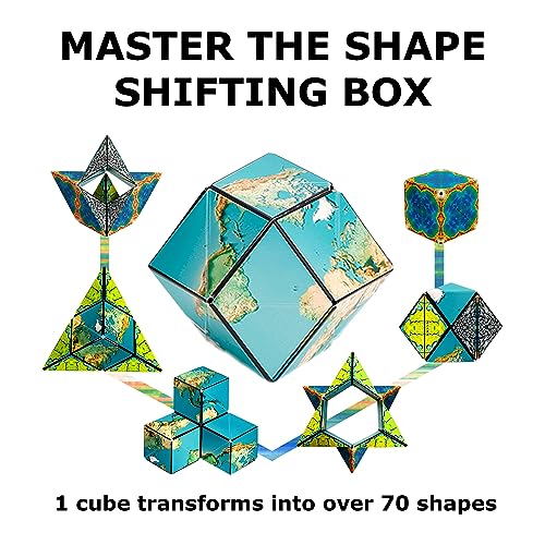 Image of Shashibo Shape Shifting Box - Award-Winning, Patented Fidget Cube w / 36 Rare Earth Magnets - Transforms Into Over 70 Shapes, Gift Box, Download Fun in Motion Toys Mobile App (Earth, 4 Pack)
