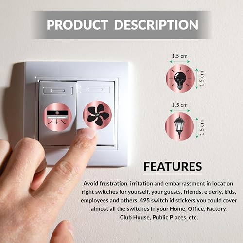 Image of Rosegold Black Metallic Colour Switch Board Stickers for Home | 330 Labels with 22 Icons for Fan Light AC Fridge | Elegant Electric Switch Stickers for Button Labeling | Modular Switch Panels