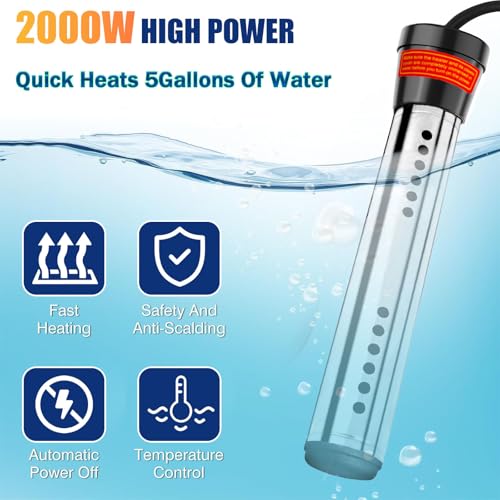 2000W Immersion Water Heater, Portable Pool Warmer with Built-in Thermostat, Stainless Steel Submersible Water Heater for Bucket, Bathtub
