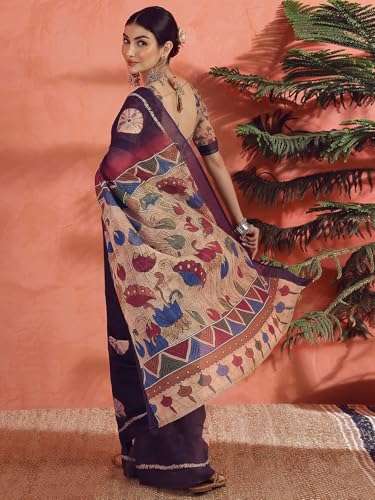 Image of Satrani Women's Linen Printed Saree with Unstitched Blouse Piece