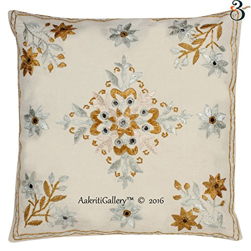 Aakriti Gallery Funda de cojín de estilo indio, hecho a mano, diseño con espejos, algodón, beige, 41x41 cm