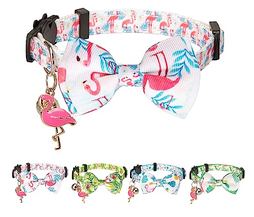 Gyapet Cat Collar with Bow Tie Pink Flamingo Bell Pendant Charm Safety Detachable Cute Kitten Forest Tropic Leaf Plant Pattern Flamingo B