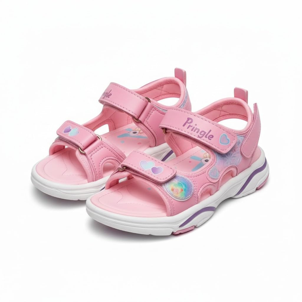 Kids Girls Sandal, Pink Princess Character Design with Rainbow Stripes and Wing Detail Kids Girls Sandal, Pink Princess Character Design with Rainbow Stripes and Wing Detail
