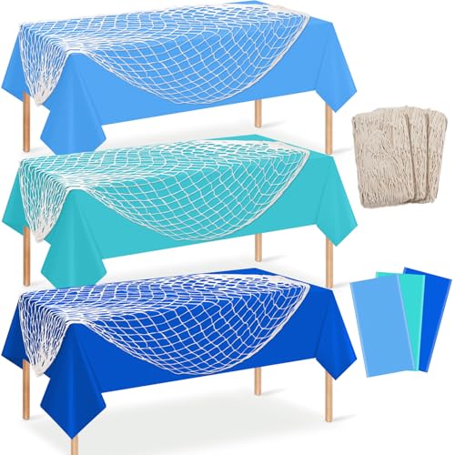 Image of 3 Set 6 Pcs Fish Net and Tablecloth Set,Cotton Fishnet and 3 Blue Color Disposable Plastic Table Cover for Mermaid,Baby Shower,Birthday,Ocean Pirate Under the Sea Party Decorations,54 X 108Inch