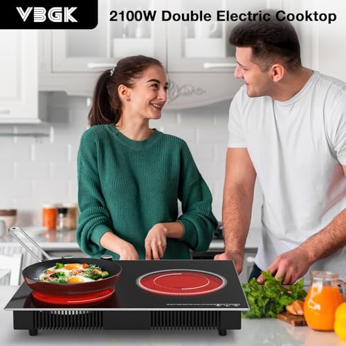 Image of VBGK Electric Cooktop,2100W Built-in & Countertop 2 Burner Electric Cooktop,Electric Stove Top with10 Heating Level, Timer & Kid Safety Lock, LED Knob Touch Control Electric Burner with Plug