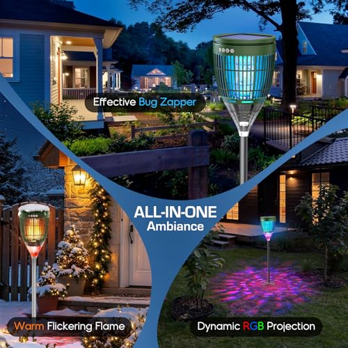 Image of Solar Bug Zapper Outdoor, Mosquito Zapper with Flame & Projector Light | Auto On /Off, Waterproof Cordless Mosquito Trap Solar Powered, 4200V Electric Fly Zapper Killer for Patio Yard Camping Garden
