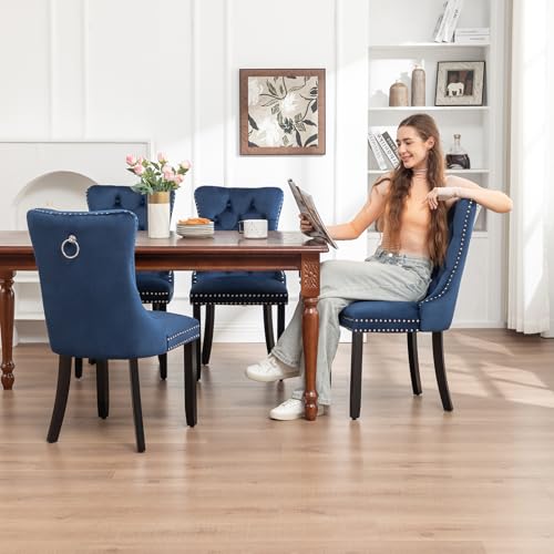 Image of Velvet Dining Chairs, Tufted Kitchen & Dining Room Chairs, Blue, Set of 2
