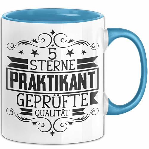 Praktikant Tasse Geschenk Kaffee-Becher Lustiger Spruch 5 Sterne Praktikant Geprüfte Qualiät (Blau)