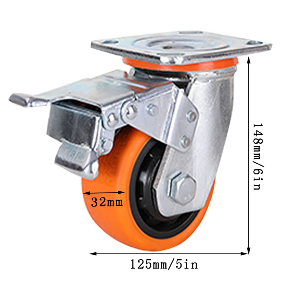 Juego de 4 Ruedas giratorias Poliuretano Alta Resistencia | Ruedas silenciosas con ruedas con rodamientos de bolas dobles for pisos de bancos de trabajo(125mmDirectional x2+Brake x2)