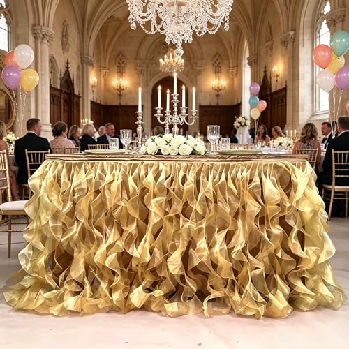 Image of Luxury Organza Mesh Table Skirt Draping Floating Romance - Perfect for Bridal Showers, Birthday Weddings - Clear Flowing Decoration for a Wonderful Main Cake Table (Gold-6ft, 72 inch Lx30 inch H)