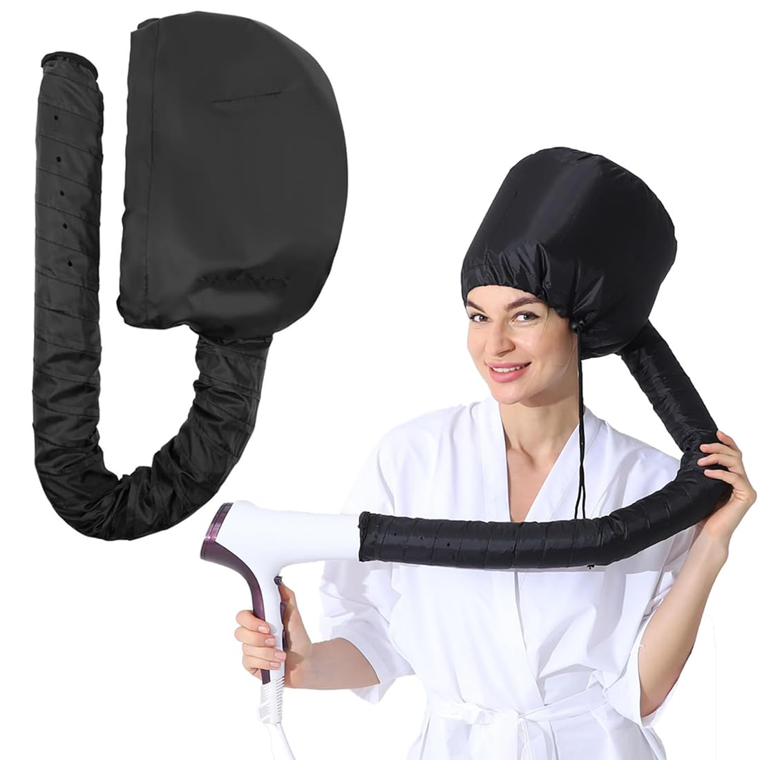 IKOPFLN 1 PCS Casco Asciugacapelli, Cuffia Termica per Capelli, Caschi per Asciugatura,Bonnet Casco per Asciugacapelli con Elastico per Attacco Phon per Asciugatura Capelli Ricci (Nero)
