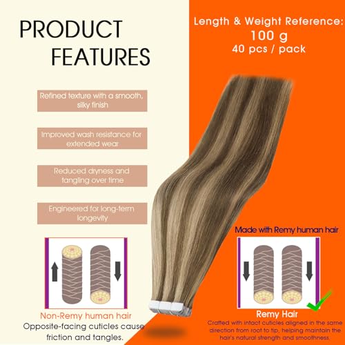 Image of Full Shine Human Hair Extensions Color 4 Brown Highlight 27 Blonde Tape in Hair Extensions 18Inch Long Straight Skin Weft Seamless Invisible Extension for Bridal Hairstyles 100G 40Pcs