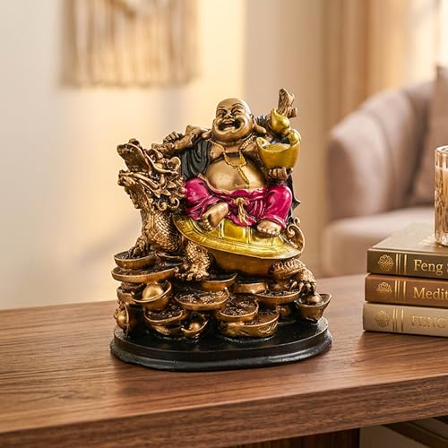 Image of HindCraft Laughing Buddha on Dragon Tortoise Showpiece for Home Decor | Feng Shui Buddha Statue for Wealth, Success, Protection & Good Luck Gift