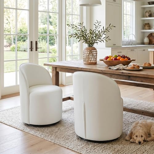 Image of HNY Upholstered Swivel Dining Chairs Set of 2, Mid Century Modern Kitchen Round Velvet Dining Room Chairs, Barrel Comfy Armless Accent Makeup Vanity Side Chairs for Living Room, White