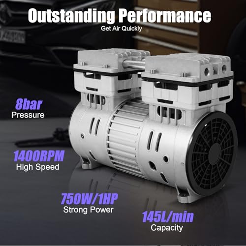 InSyoForeverEC Compresor de Aire Silencioso, 8 Bares, Motor Sin Aceite, 145 L/min, 750 W/1 HP, Accesorios - imagen 2