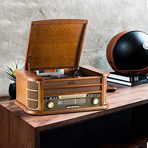 Shuman Retro 7-in-1 Record Player, Wireless Connection, Home Audio Centre with Remote Control, 3-Speed Vinyl Turntable, CD/Cassette Player, FM Radio, USB Playback/Recording, RCA Output (MC-250BT)