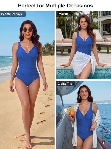 Image of Smismivo Tummy Control Swimsuits for Women Slimming One Piece Bathing Suit Retro Ruched Push Up Vintage Padded Swimwear