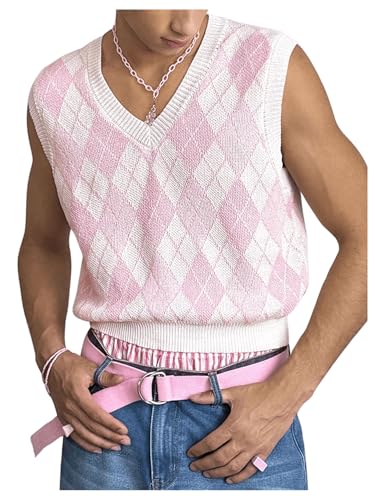 Men's Plaid Geometric Sleeveless Knitted Sweater V Neck Crochet Pullover Sweater Vest
