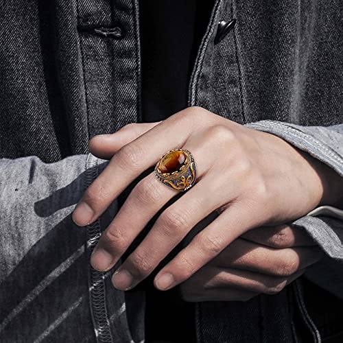 Dochais Retro Large Tiger Eye Stone Mens Ring Turquoise Vintage Ring for Men Oval Gemstone Stainless Steel Ring Size 7-133