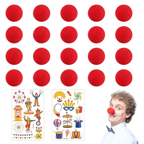 CVFRTT 20 Piezas Narices De Payaso Rojo Y 2 Pegatinas De Tatuaje De Payaso, Narices De Payaso De Esponja, Accesorios De Cosplay, Accesorios De Vestir para Fiesta