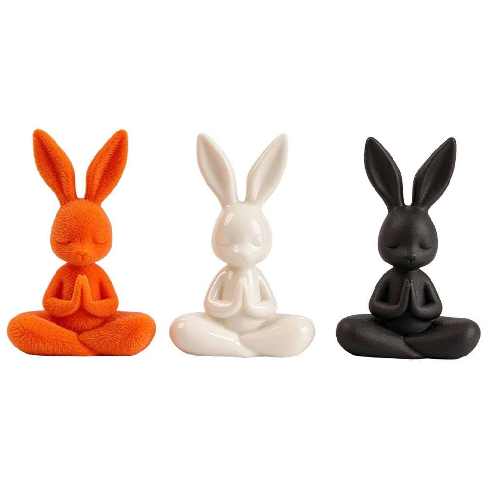 Jehoshaphat Aurichalceous 3Pcs Creative Meditation Rabbit Statue Sitting Bunny Artistic Figurine Cute Desktop Ornament For Indoor Table Display Decor