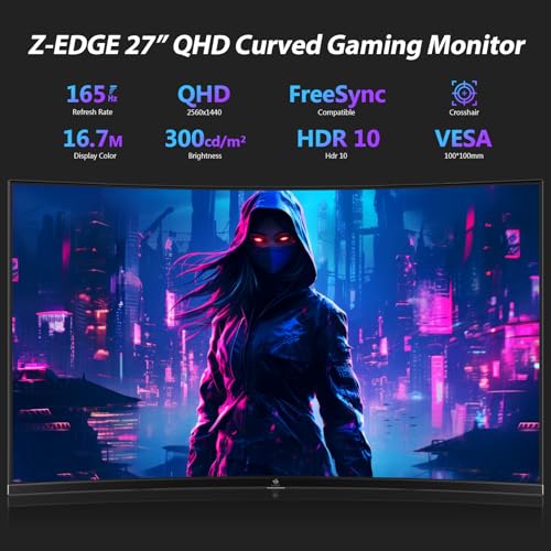 Z-Edge Monitor Gaming Curvo 27'' 2K QHD(2560x1440), 1ms, 165 Hz, FreeSync, Schermo PC 1440P, 1500R VA, Inclinazione Regolabile, 2×DP1.4 & 2×HDMI2.0, VESA 100 * 100mm (DP Cavo Incluso) - Monitor - Immagine 1