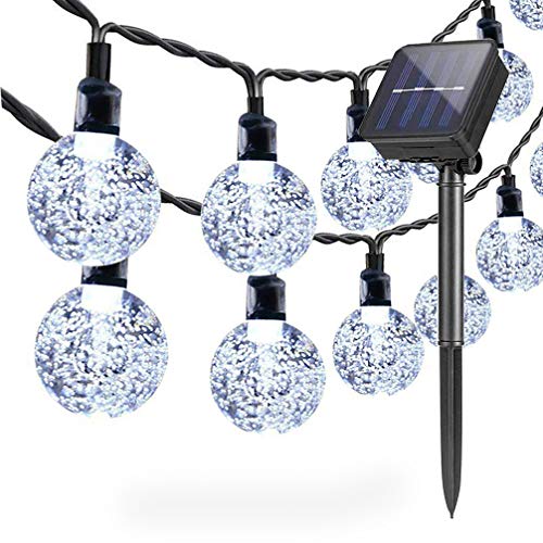 Guirlande Lumineuse Solaire Exterieur Jardin 6,5 m 30 LED Imperméable Lumières féériques Globe Boule de cristal Décor Festival Coloré Lumière pour Fête Mariage Patio Noël Décoration (Blanc Froid)