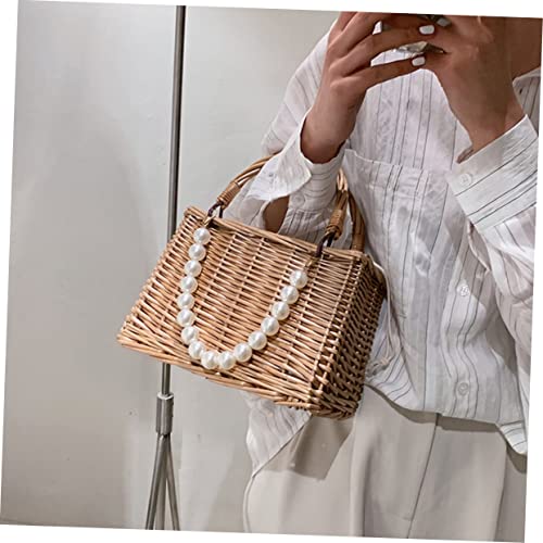 Portable Pearl Straw Handbag with Drawstring Closure Lightweight Beach Tote Bag for Women Stylish Summer Rattan Purse with Spacious Opening Family and Friends2