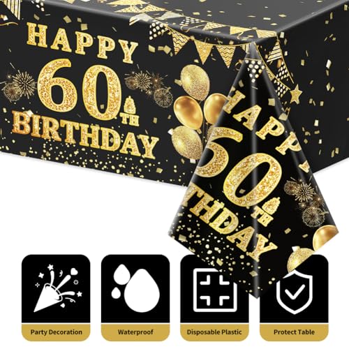 Image of Labeol 3 Pack 60th Birthday Tablecloth, Black and Gold Happy 60th Birthday Decorations, Disposable Plastic Rectangular Table Cover Party Supplies for Men Women