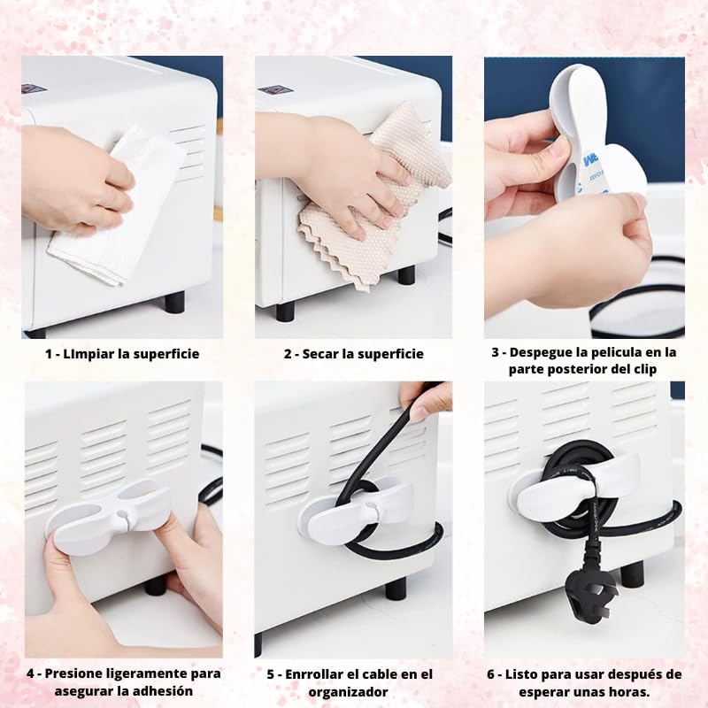 MERYLAND – Set De 6 Organizadores De Cables Adhesivos, 2 Grises, 2 Negros Y 2 Blancos, Para Escritorio Y Electrodomésticos