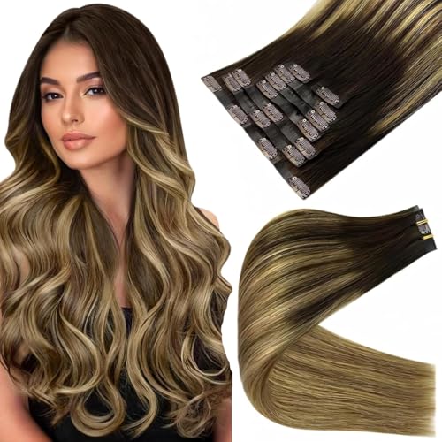 Image of Full Shine Seamless Hair Extensions Clip in, Balayage Brown to Blonde 14 inch | 120g 8 Pcs, Invisible Ultra-Thin PU Weft, Remy Human Hair, Natural Fullness, Easy to Apply, Everyday Styling, Formal Event