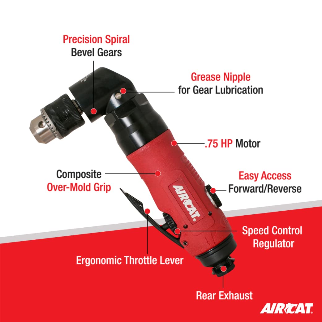 AIRCAT Pneumatic Tools 4337: 3/8-Inch Reversible Angle Drill Air Tool with 1,600 RPM, 75 HP Motor, Red and Black, 3/8\" - Image 2