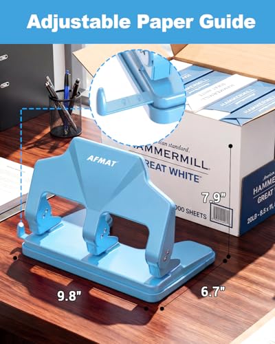 Image of AFMAT 3 Hole Punch Heavy Duty, 40-Sheet Three Hole Punch, 50% Reduced Effort, 3 Hole Puncher for Binder w /Large Chip Tray, 9 /32 inch Holes Diameter, Metal Paper Puncher for Home /Office /School, HP14(Cyan)