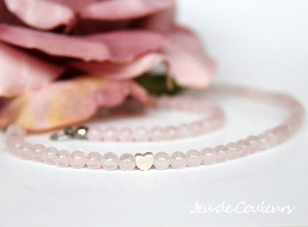 kurze Rosenquarz-Kugel-Halskette in Rosa mit kleinem Echtsilber-Herz, leichter Edelsteinschmuck, auch als romantischer Brautschmuck #238 Delara