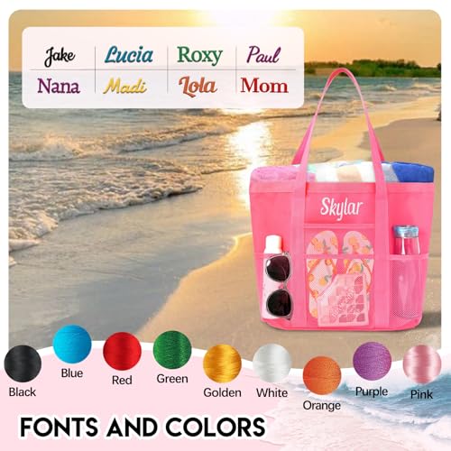 Personalized Beach Tote Bag for Women Custom Embroidered Name Large Mesh Sandproof Swim Bag, Foldable Travel Tote3