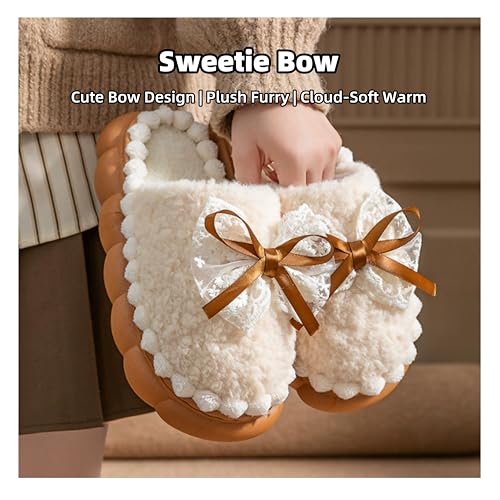 Women's Lace Bow Plush Slippers - Warm Fuzzy Lining, Cookie-Shaped Non-Slip Sole for Indoor Comfort3