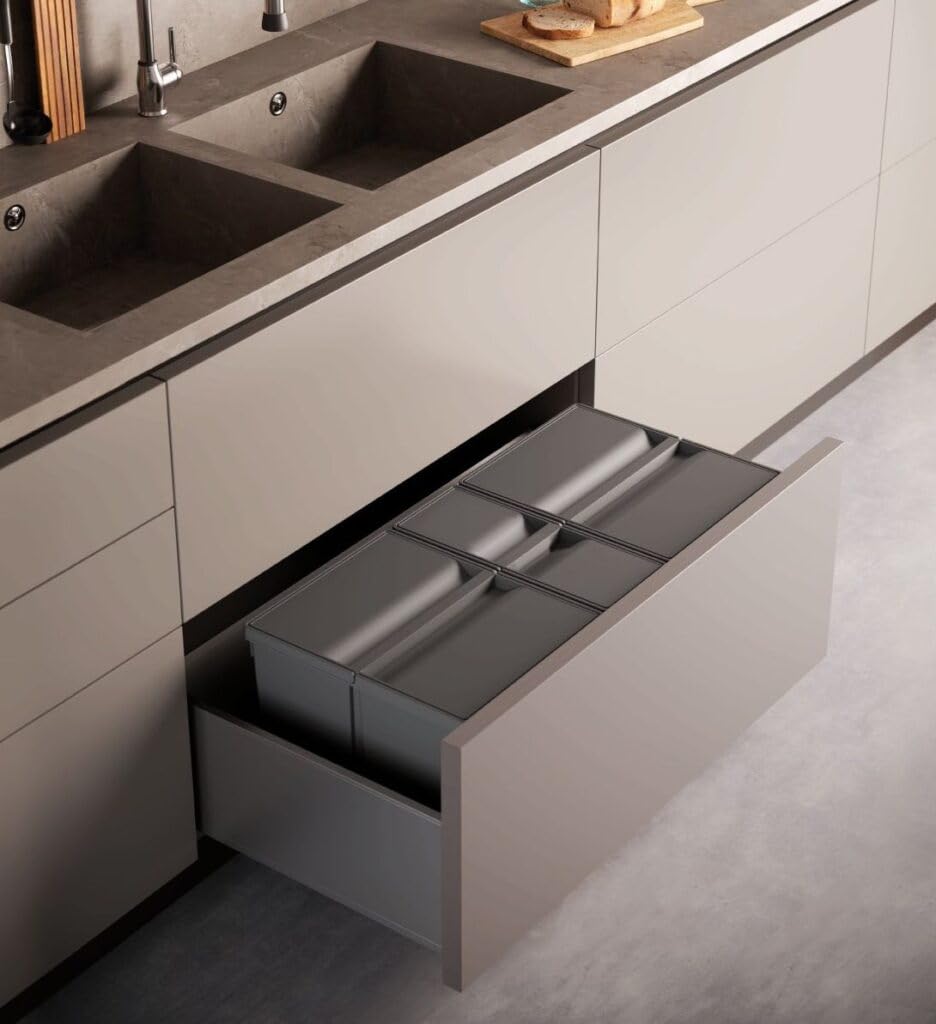 Mülltrennsystem 9 XL für 100 cm Schublade - Einbau-Mülleimer mit 4 Fächern (2x 11 L, 2x 26 L), Abfalleimer Küche Unterschrank, Einbaumülleimer Küche, Mülltonne, Abfall & Recycling, Anthrazit