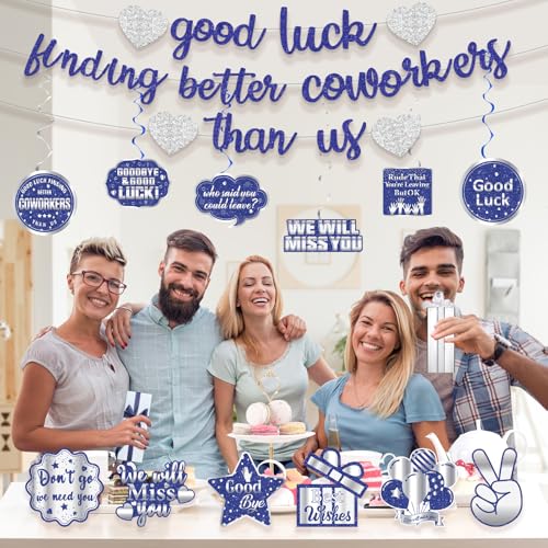Image of Pre-Strung Glitter Good Luck Finding Better Coworkers Than Us Banner, Blue Silver Going Away Party We Will Miss You Decorations, Great for Goodbye Farewell Job Change Party
