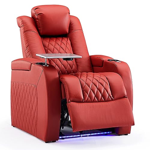 Image of Weilianda Home Theater Seating, Top Grain Leather Movie Theater Chair | Red Row of 1, Zero Gravity, Power Headrest, Tray Table, Electric Reclining Seat for Media Room