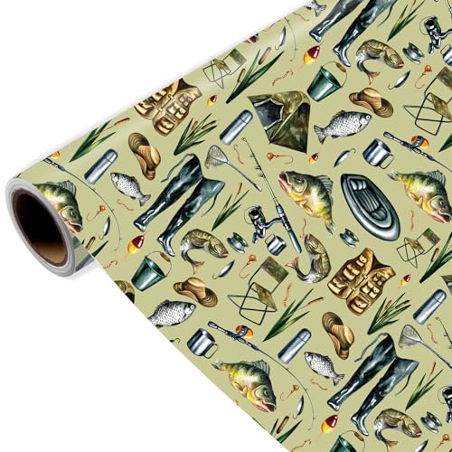 Joviwrap Fishing Wrapping Paper Roll Fish Gift Wrap with Fishing Rods Waders Tackle Boxes Outdoor Gear for Anglers Fishermen Fathers Day Birthday Giftn Packing Paper 17 Inch x 16.4 Feet