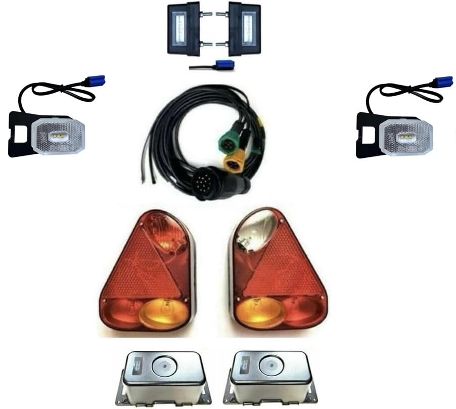 MelTruck Kit d’éclairage remorque 13 broches avec 2 feux arrière, 4 éclairages de plaque LED, câble, 12V/24V, E9, avec ou sans protection