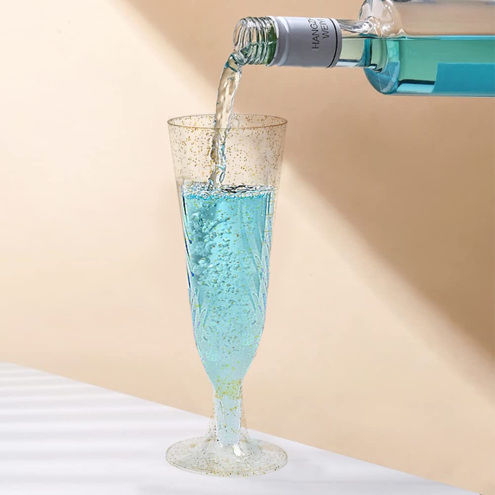 Matana - 24 Eleganti Flute da Champagne in Plastica con Glitter Oro, 150ml - Bicchieri da Brindisi Dorati Riutilizzabili e Resistenti per Cocktail, Dessert - Matrimoni, Compleanni, Feste