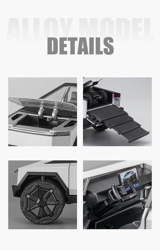 Image of VToy Trucks for Boys Cybertruck Model Silver Pickup Truck 1 /24 Diecast Metal Toy Cars with Sound and Light for Kids Age 3 Year and Up