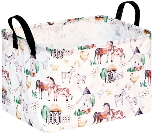 Image of Storage Basket Home Shelf Basket Organizer Box Clothes Laundry Hamper Nursery Bin Gift Laundry Basket with Handles Rectangle Farm Pattern for Home